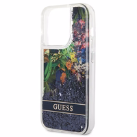 Guess Flower Liquid Glitter dėklas telefonui iPhone 14 Pro Max - mėlynas
