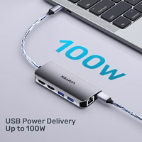 UNITEK aktyvus šakotuvas USB-C 2X HDMI 4K, RJ45, PD 100W