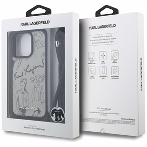 Karl Lagerfeld kryžminis grūdėtas raštas ir logotipo dėklas iPhone 16 Pro - pilkas