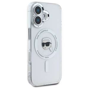 Karl Lagerfeld IML Metal Karl Head Magnetinis dėklas iPhone 16 Plus - baltas