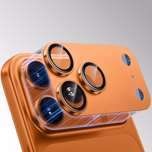 Grūdintas stiklas Tel Protect 95% AR+AF, visiškai metalinė kameros apsauga iPhone 17 Pro Max kamerai, mėlyna (kameros salelė)