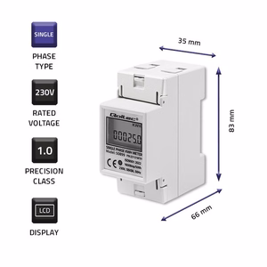 Qoltec 50899 – vienfazis elektroninis elektros energijos skaitiklis, 230 V, LCD, 2P, DIN bėgelis
