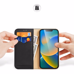 Dux Ducis Hivo odinis atverčiamas dėklas iš natūralios odos su kortelių ir dokumentų pinigine iPhone 14 Plus, juodas