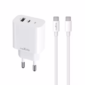 "Maxlife MXTC-06-20AC PD QC įkroviklis 1x USB-C 1x USB 20W baltas + USB-C - USB-C kabelis 20W