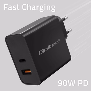 Qoltec 52381 Super Quick PD įkroviklis | 1xUSB-C | 1xUSB | 90W | 5-20V | 2.4-4.35A | juodas