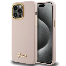 Guess silikoninis dėklas telefonui su metaliniu logotipu ir rėmeliu iPhone 15 Pro Max - rožinis