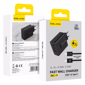 Blavec sieninis įkroviklis BC-11 GaN - USB + 2xType C - QC PD 65W 3A su Type C į Type C laidu (TCBC11G-U2CB653A) juodas