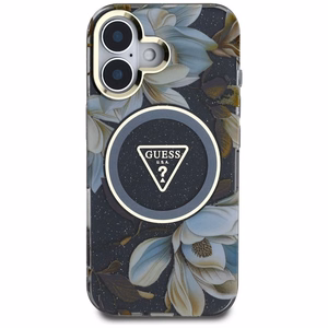 Guess Glitter Flowers Triangle Buttons Magnetinis dėklas telefonui iPhone 16 - juodas