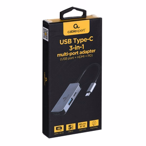 Gembird A-CM-COMBO3-02 USB Type-C 3-in-1 daugiafunkcis adapteris (USB prievadas + HDMI + PD), sidabrinis
