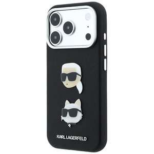 Karl Lagerfeld Saffiano Karl & Choupette Heads Pins & Logo dėklas, skirtas iPhone 18 Pro / 17 Pro – juodas