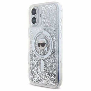 Karl Lagerfeld skystas blizgučių Karl galvos MagSafe dėklas iPhone 16 Plus - skaidrus