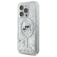 Karl Lagerfeld skystų blizgučių Karl & Choupette Head magnetinis dėklas telefonui iPhone 16 Pro - skaidrus
