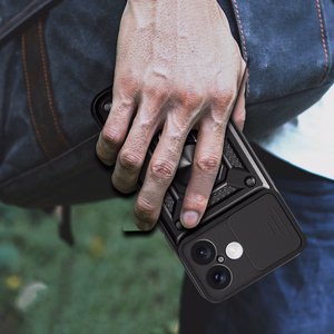 Hybrid Armor Camshield šarvuotas dėklas telefonui iPhone 16 Plus su kameros dangteliu ir stovu - juodas