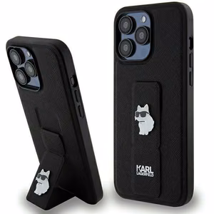 Karl Lagerfeld Gripstand Saffiano Choupette Pins dėklas telefonui iPhone 13 Pro Max - juodas