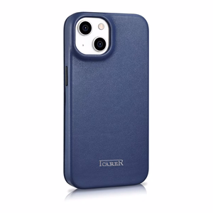 iCarer CE Premium odinis folio dėklas iPhone 14 Plus magnetinis atverčiamas odinis folio dėklas MagSafe mėlyna