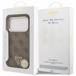 Guess PU Leather 4G Strass Triangle Logo Gold Frame MagSafe dėklas Apple iPhone 18 Pro, rudas