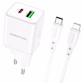 Borofone Sieninis įkroviklis BN7 - USB + Type C - QC 3.0 PD 20W su Type C į Lightning kabeliu baltas