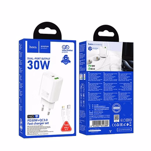 Įkroviklis telefonui Hoco USB A + USB C QC3.0 PD 3A 30W + kabelis USB C į Lightning N63 balta
