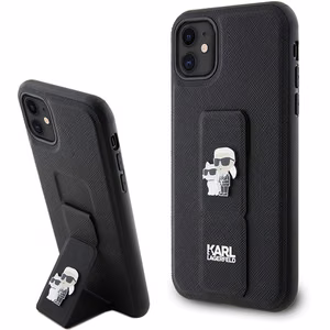 Karl Lagerfeld Gripstand Saffiano Karl&Choupette Pins dėklas telefonui iPhone 11 / Xr - juodas