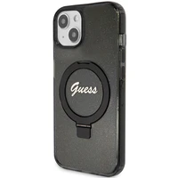 Guess dėklas telefonui su stovu Ring Stand Script Glitter magnetinis iPhone 15 Plus / 14 Plus - juodas