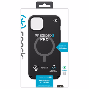 Speck Presidio2 Pro MagSafe case for iPhone 15 Plus / 14 Plus, with Microban antimicrobial protection, Black / Black / White