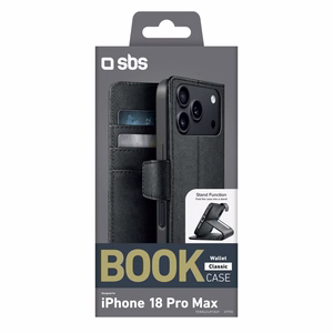SBS Wallet Classic dėklas, skirtas iPhone 18 Pro Max, su pinigine ir stovu – juodas