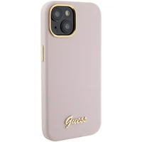 Guess Silikoninis Script Metal Logo & Frame Dėklas telefonui iPhone 15 - rožinis