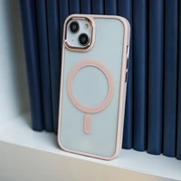 Satininis skaidrus magnetinis dėklas telefonui iPhone 15 Pro Max 6,7" - rožinis