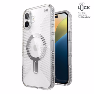 Speck Presidio Perfect-Clear Grip ClickLock & MagSafe dėklas, skirtas iPhone 16 Plus, skaidrus / chromo apdaila / „Serene Silver“