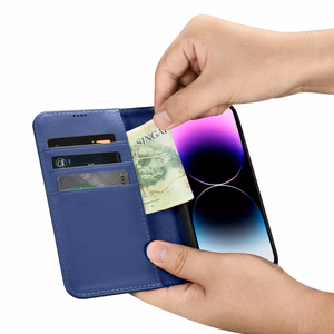 iCarer Piniginės dėklas 2in1 viršelis iPhone 14 Pro Max Anti-RFID odinis atverčiamas dėklas mėlynas (WMI14220728-BU)