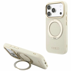 Guess Grained Classic Logo dėklas, skirtas iPhone 18 Pro / 17 Pro, su 360° žiedu-stovu, suderinamas su MagSafe – smėlio spalvos