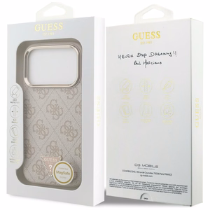 Guess PU Leather 4G Strass Triangle Logo Gold Frame MagSafe dėklas Apple iPhone 18 Pro, rožinis