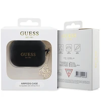 Guess GUAP2LECG4K dėklas AirPods Pro 2 ausinėms - juodas Liquid Silicone Blizgus Trikampio Pakabukas