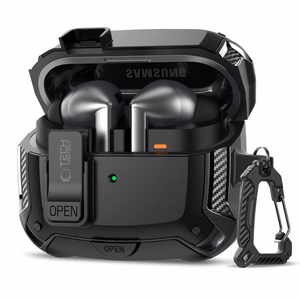 Tech-Protect silikoninis dėklas su kabliuku Samsung Galaxy Buds 3 / 3 FE / 3 Pro ausinėms - juodas