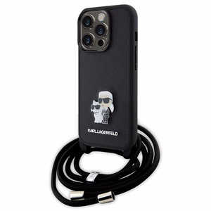 Karl Lagerfeld kryžminis Saffiano metalinis ženkliukas Karl & Choupette dėklas telefonui iPhone 15 Pro - juodas