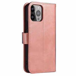 Piniginės tipo dėklas telefonui su stovu iPhone 15 Pro magnetinis dėklas - rožinis