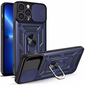 Hybrid Armor Camshield dėklas telefonui iPhone 13 Pro Max šarvuotas dėklas su kameros dangteliu mėlynas