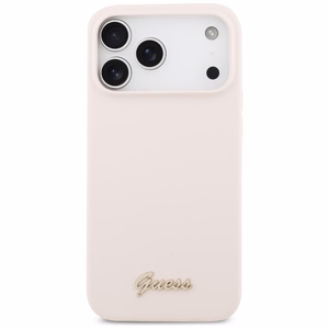 Guess Silikoninis Raštas Metalinis Logo Magnetinė dėklas telefonui iPhone 17 Pro Max - Rožinė