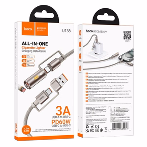 Laidas All-in-one USB A / USB C į USB C / Automobilinė cigarečių degiklė Hoco 3A 60W 1,2 m U138 pilkas