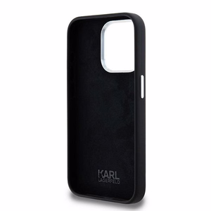 Karl Lagerfeld silikoninis metalinis scenarijaus logotipas dėklas telefonui iPhone 15 Pro Max - juodas
