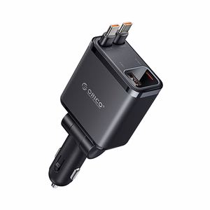 Orico Twin Reach 45W USB-A + USB-C automobilinis įkroviklis su dviem sutraukiamais USB-C laidais - juodas