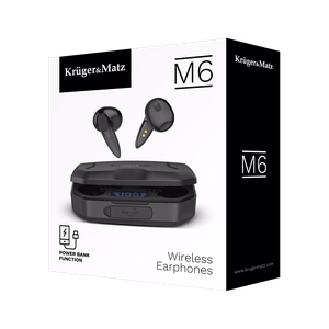 Kruger&Matz M6 belaidės į ausis įdedamos ausinės su išorine baterija, juodos