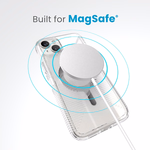 Speck GemShell Grip MagSafe dėklas, skirtas iPhone 15 Plus / 14 Plus, skaidrus su chromo spalvos akcentais