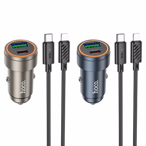 Automobilinis įkroviklis Hoco USB A + USB C QC3.0 PD 30W + kabelis USB C į Lightning Z57A juodas