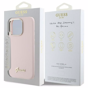 Guess Silikoninis Užrašas Metalinis Logotipas ir Rėmelis Dėklas telefonui iPhone 16 Pro Max - rožinis
