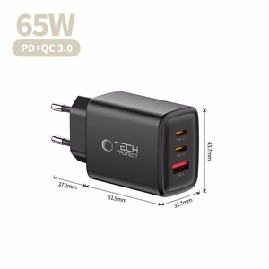 "Tech-Protect" NCA65W-GAN 3 prievadų 65 W sieninis įkroviklis - juodas