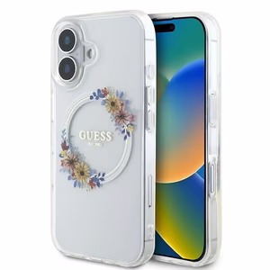 Guess IML Gėlių Vainikas Magnetinis dėklas telefonui iPhone 16 - skaidrus