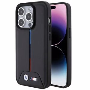 BMW dygsniuotas trispalvės dėklas telefonui iPhone 15 Pro - juodas