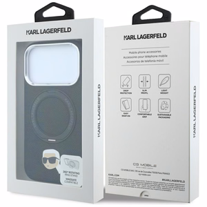 Juodas MagSafe dėklas Karl Lagerfeld su 360° žiediniu stovu ir Karlo galvos emblema, skirtas iPhone 18 Pro Max / 17 Pro Max