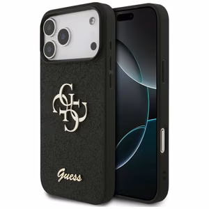 Guess PU Fixed Glitter 4G Metal Logo dėklas Apple iPhone 18 Pro Max, juodas